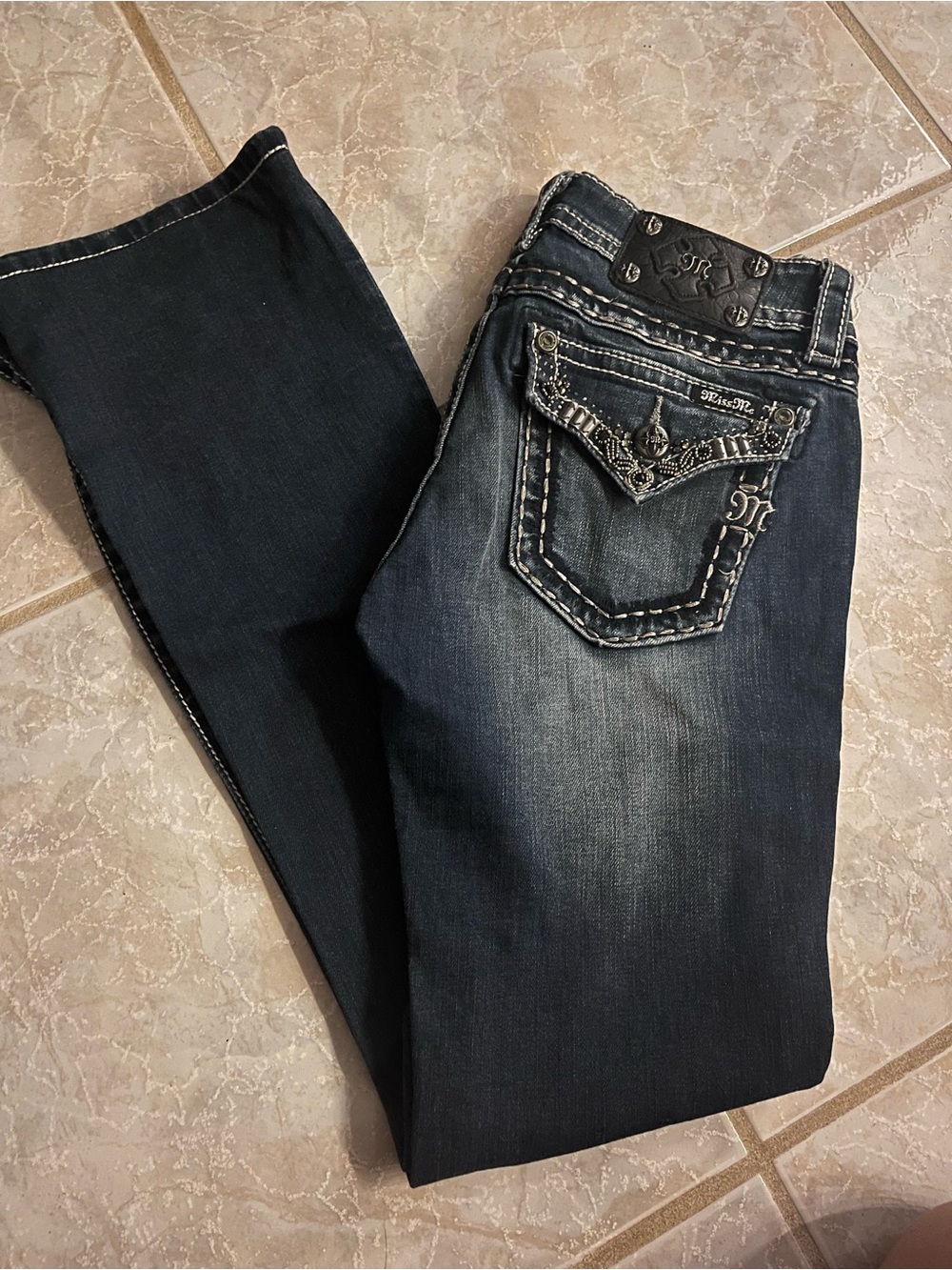 Miss Me Dark Blue Bootcut Jeans with Embellished Pocket